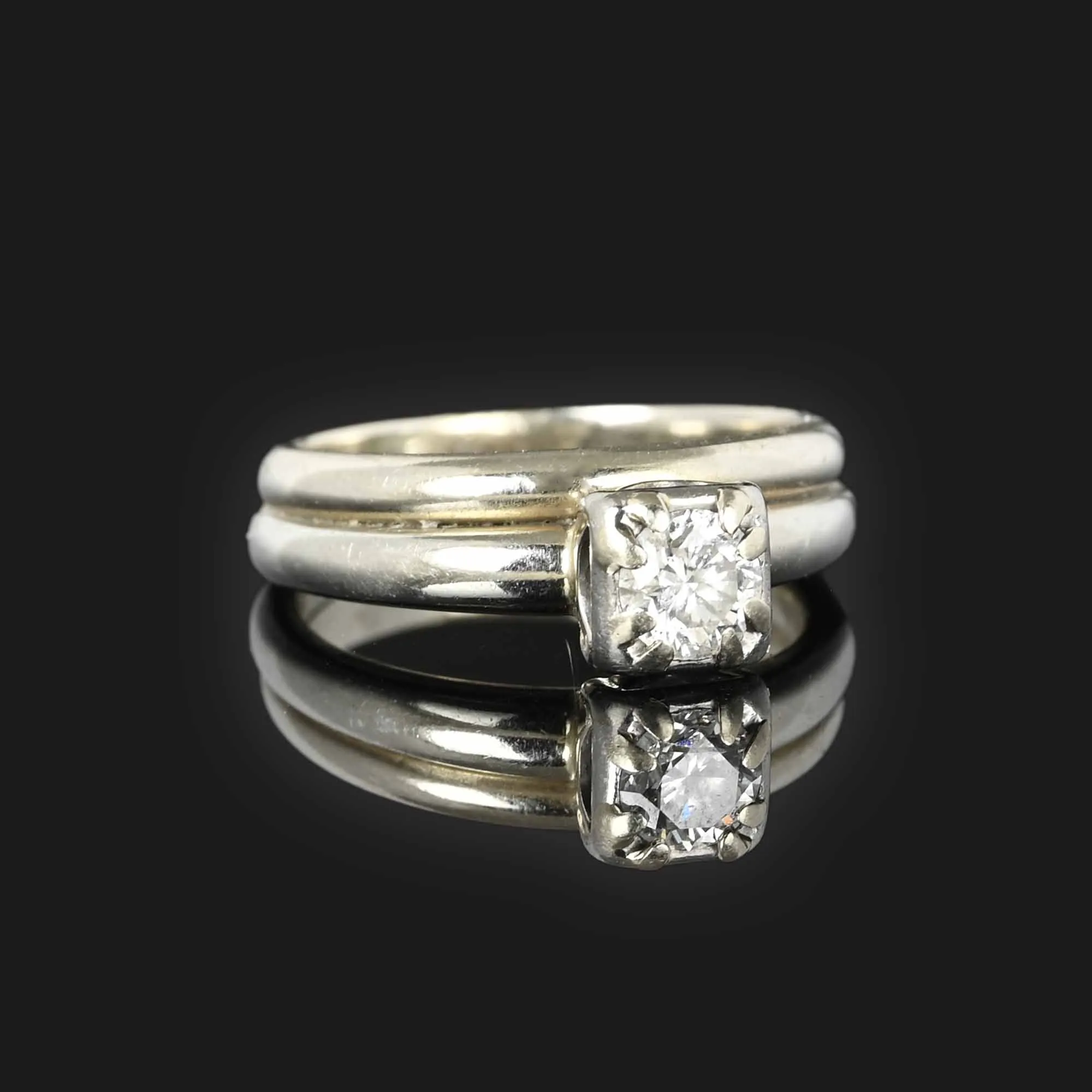 Antique Diamond Solitaire Wedding Ring Set in 14K White Gold