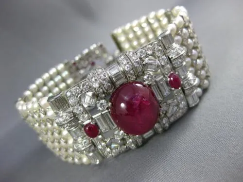 ANTIQUE LARGE 17.0CT DIAMOND AAA STAR RUBY & SOUTH SEA PEARL PLATINUM BRACELET