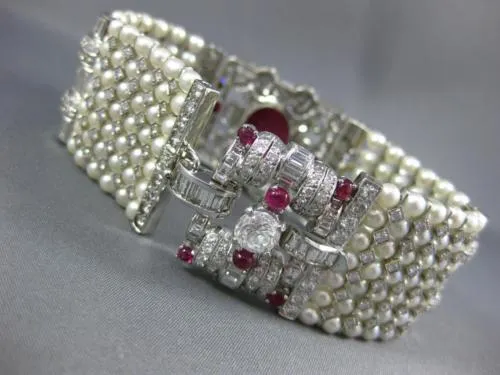 ANTIQUE LARGE 17.0CT DIAMOND AAA STAR RUBY & SOUTH SEA PEARL PLATINUM BRACELET