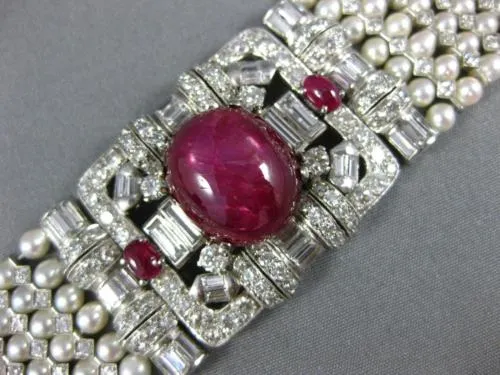 ANTIQUE LARGE 17.0CT DIAMOND AAA STAR RUBY & SOUTH SEA PEARL PLATINUM BRACELET