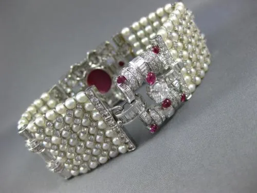 ANTIQUE LARGE 17.0CT DIAMOND AAA STAR RUBY & SOUTH SEA PEARL PLATINUM BRACELET