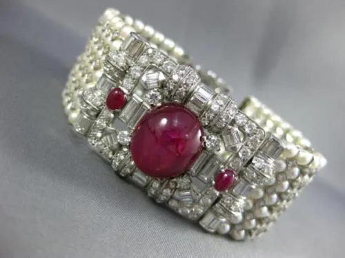 ANTIQUE LARGE 17.0CT DIAMOND AAA STAR RUBY & SOUTH SEA PEARL PLATINUM BRACELET