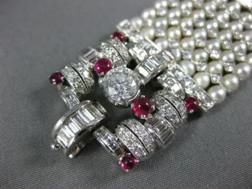 ANTIQUE LARGE 17.0CT DIAMOND AAA STAR RUBY & SOUTH SEA PEARL PLATINUM BRACELET