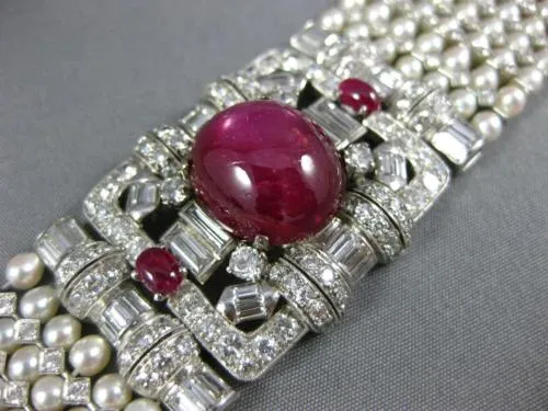 ANTIQUE LARGE 17.0CT DIAMOND AAA STAR RUBY & SOUTH SEA PEARL PLATINUM BRACELET