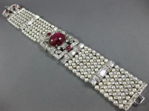 ANTIQUE LARGE 17.0CT DIAMOND AAA STAR RUBY & SOUTH SEA PEARL PLATINUM BRACELET