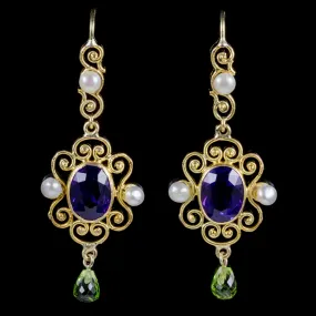 Antique Victorian Amethyst Suffragette Drop Earrings 15Ct Gold Circa 1900