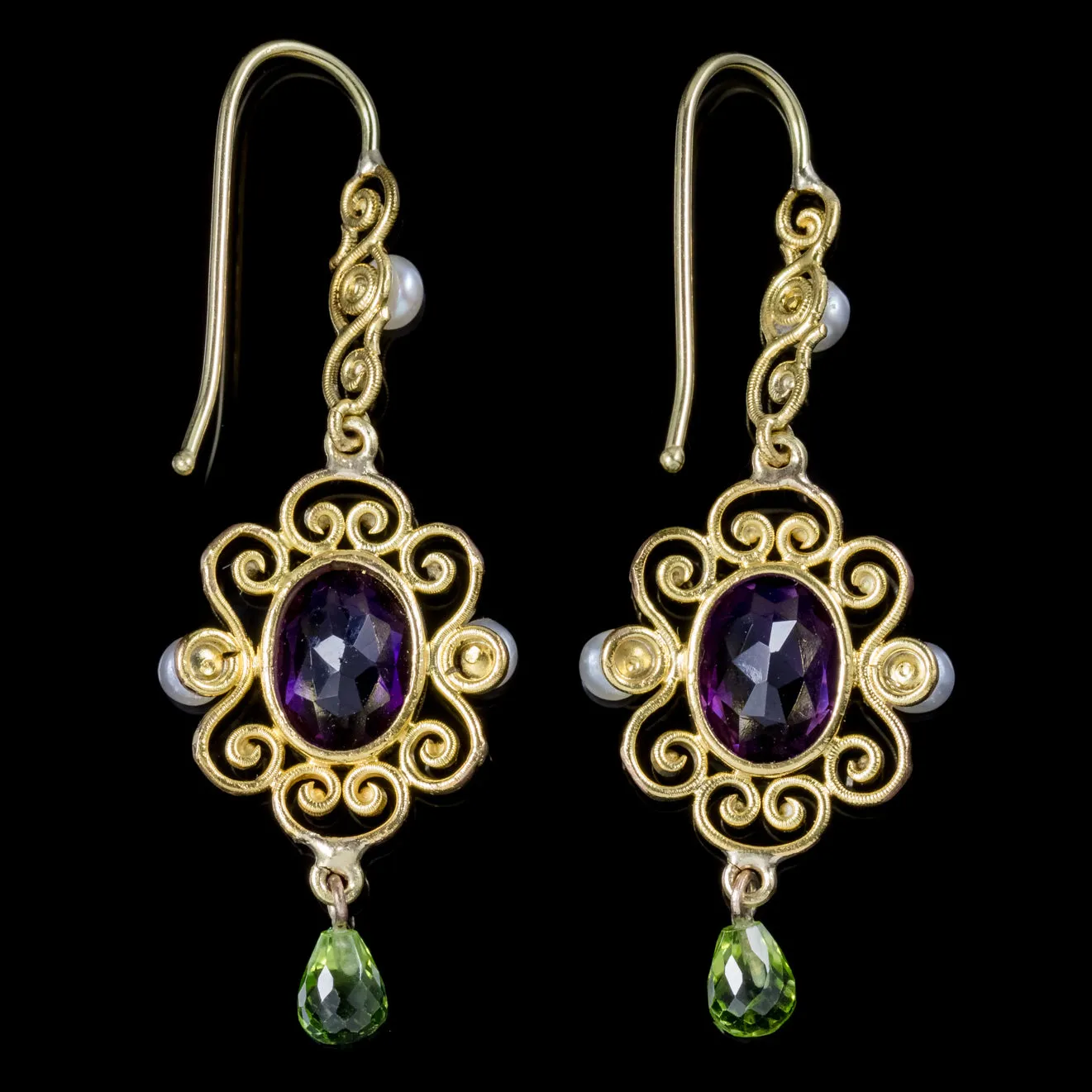 Antique Victorian Amethyst Suffragette Drop Earrings 15Ct Gold Circa 1900