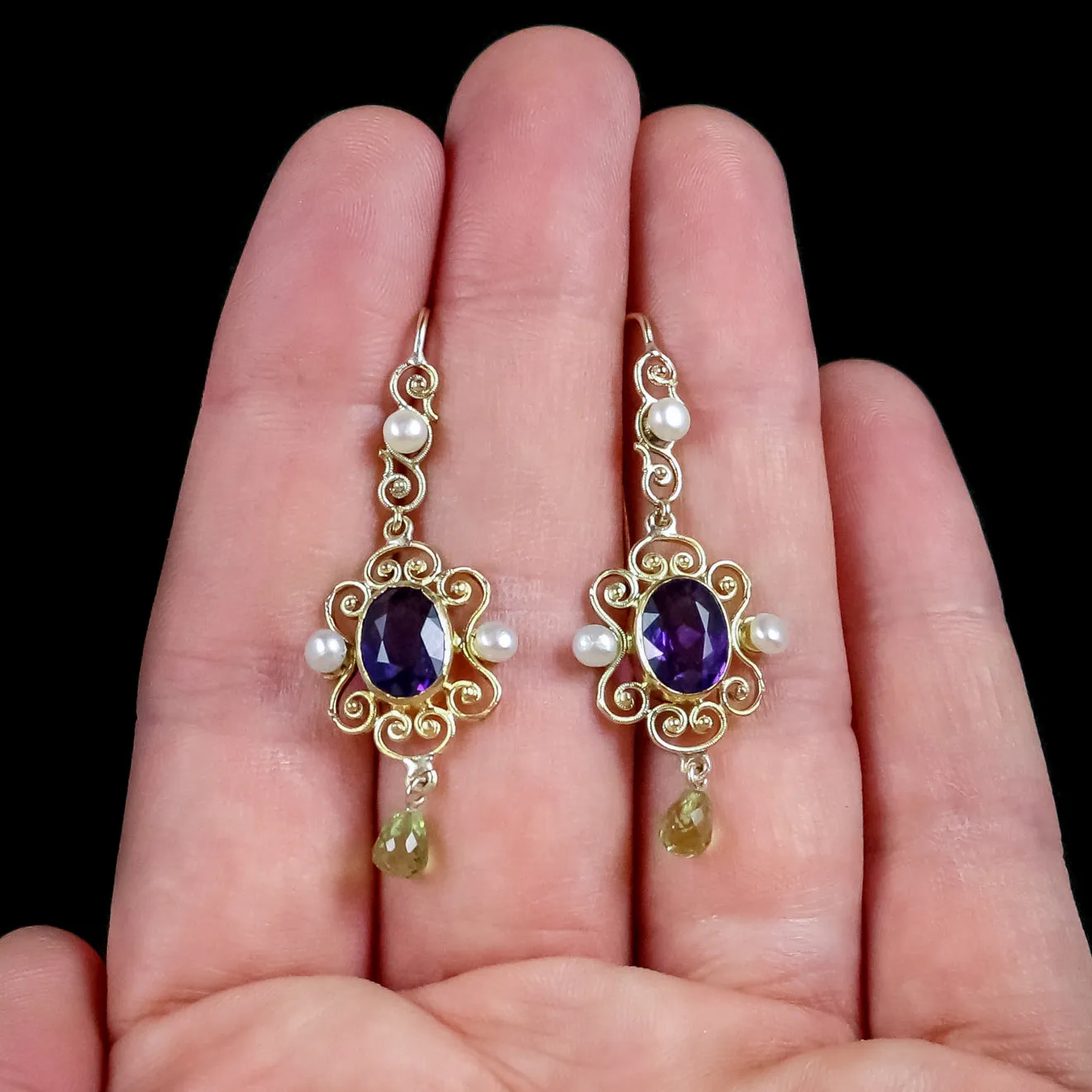 Antique Victorian Amethyst Suffragette Drop Earrings 15Ct Gold Circa 1900