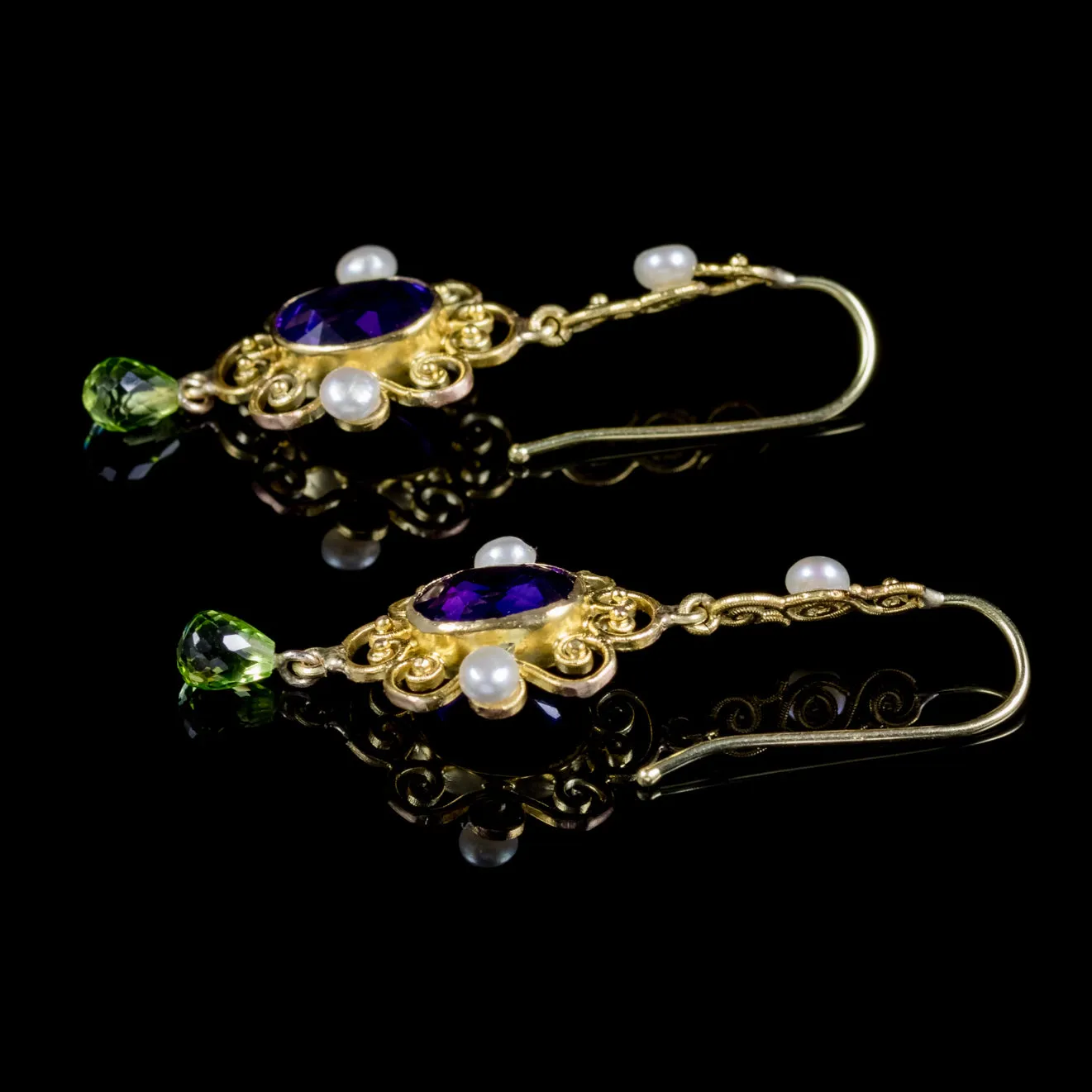 Antique Victorian Amethyst Suffragette Drop Earrings 15Ct Gold Circa 1900