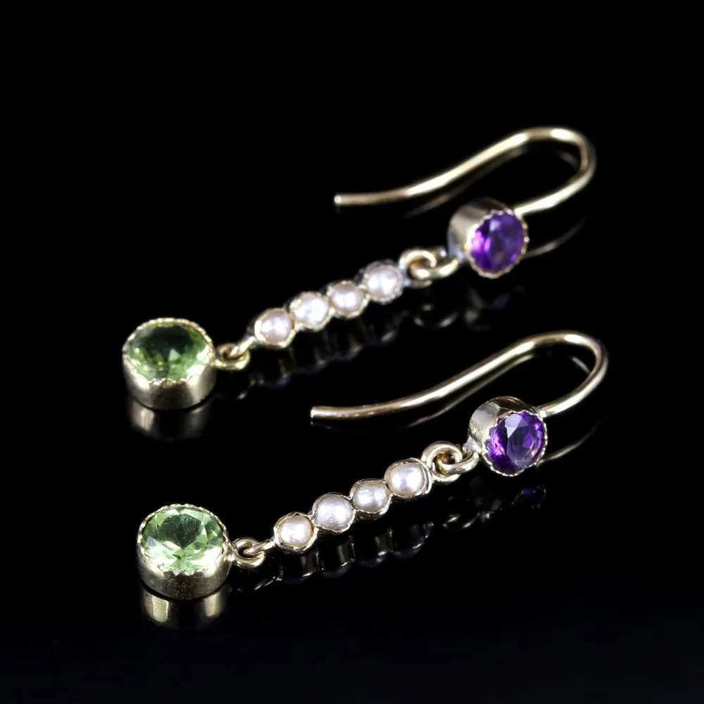 Antique Victorian Suffragette Long Earrings 15Ct Gold Circa 1900