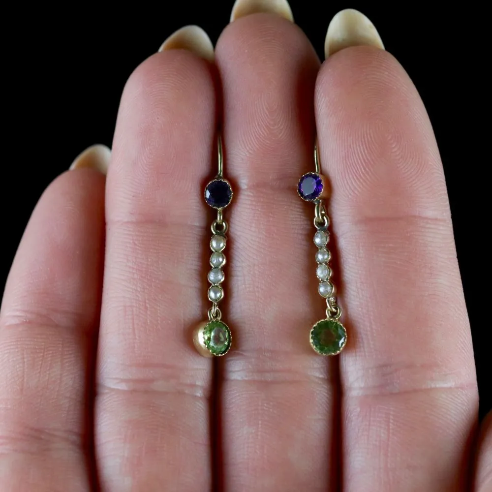 Antique Victorian Suffragette Long Earrings 15Ct Gold Circa 1900