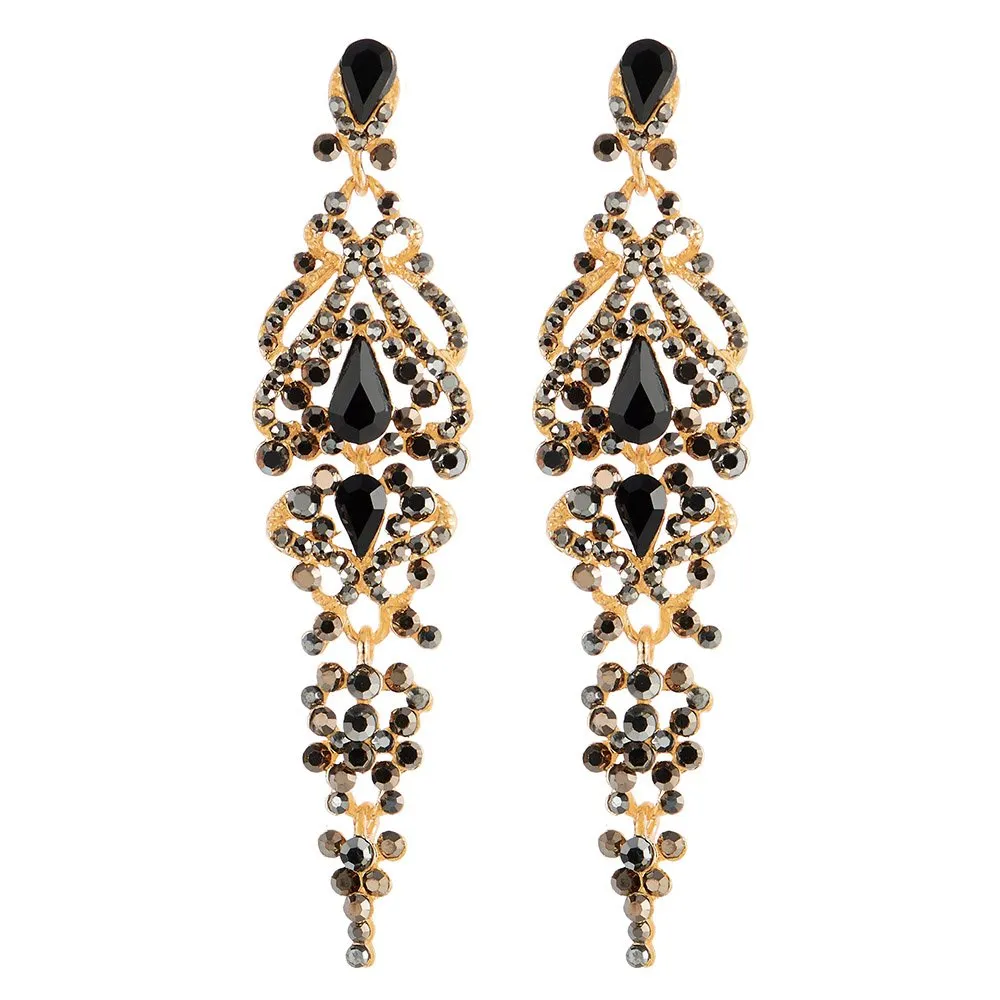 Art Deco Black Crystal Rhinestone Cluster Chandelier Long Dangle Statement Earring, Party Prom