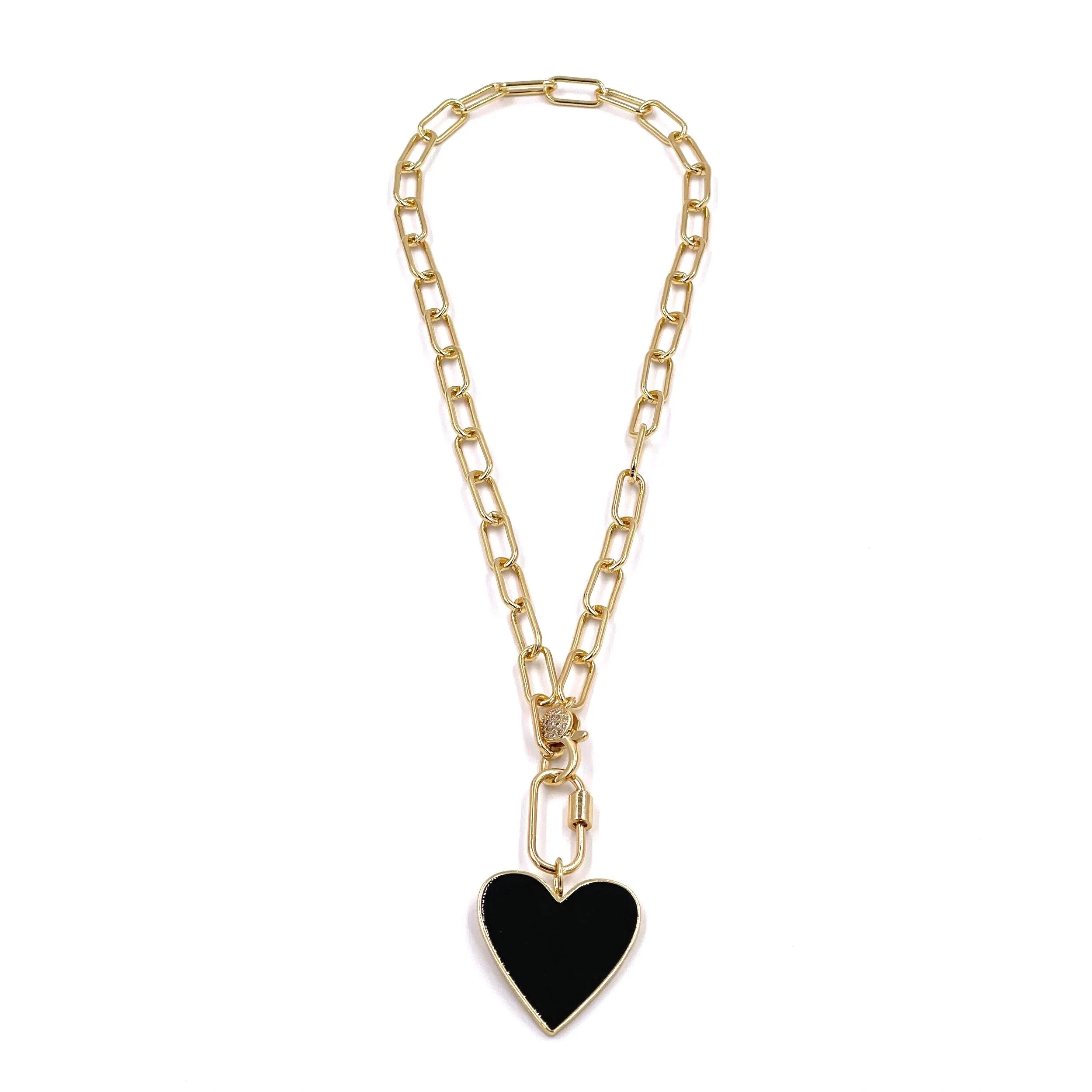 Ashley Gold Stainless Steel Gold Plated Black Enamel Heart Necklace