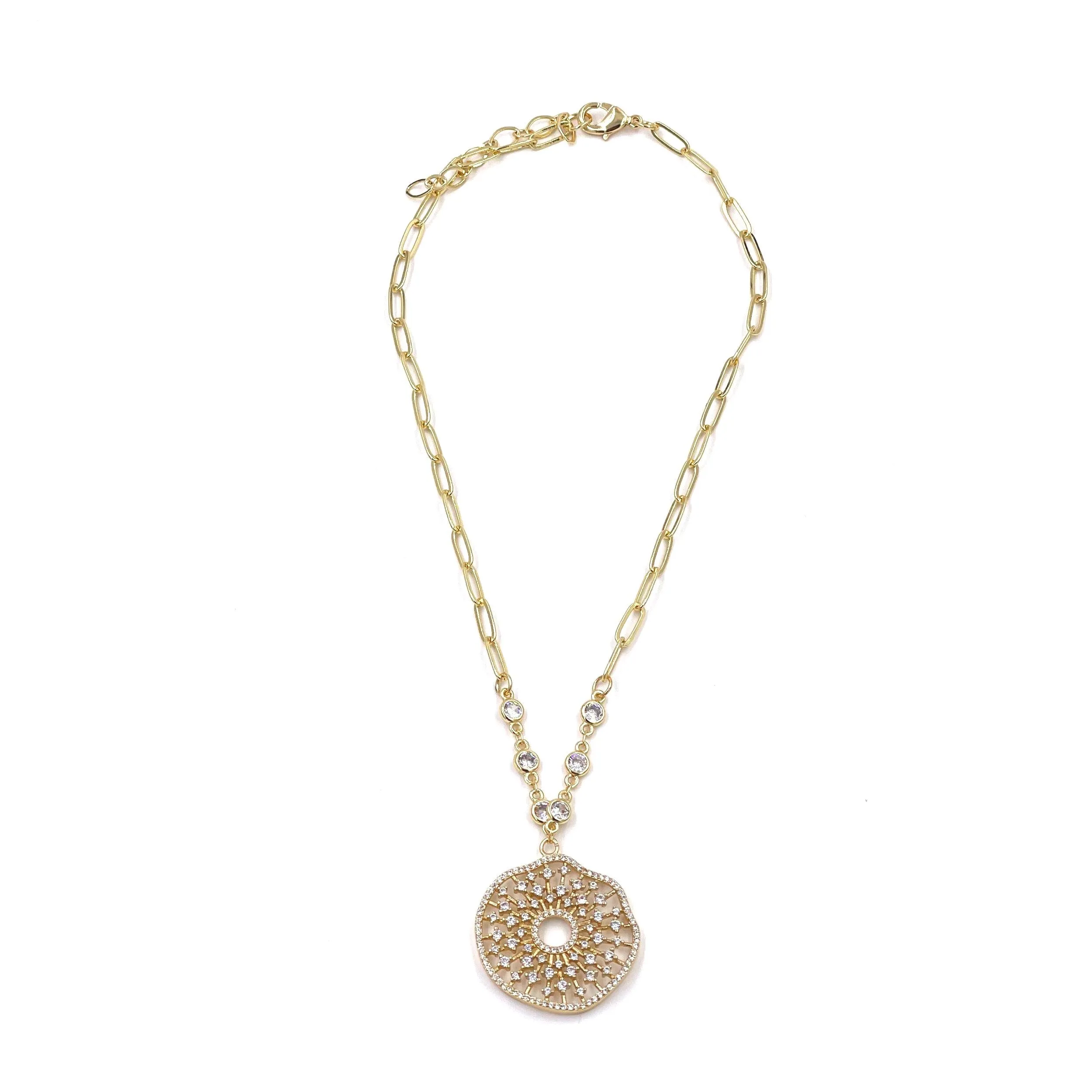 Ashley Gold Stainless Steel Gold Plated CZ Lace Design Pendant Necklace