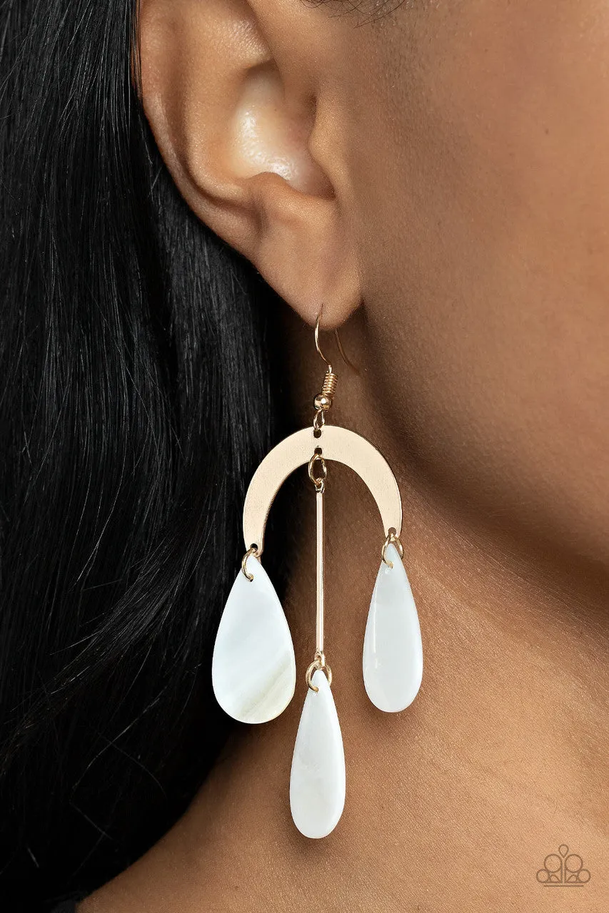 Atlantis Ambience - Gold - White Seashell Teardrop Chandelier Paparazzi Fishhook Earrings