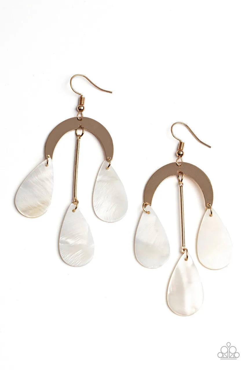 Atlantis Ambience - Gold - White Seashell Teardrop Chandelier Paparazzi Fishhook Earrings