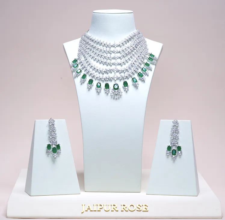 Banares Green Statement Necklace Set Designer White Gold Plated Fashion Jewelry by Jaipur Rose Indian Jewelry Online