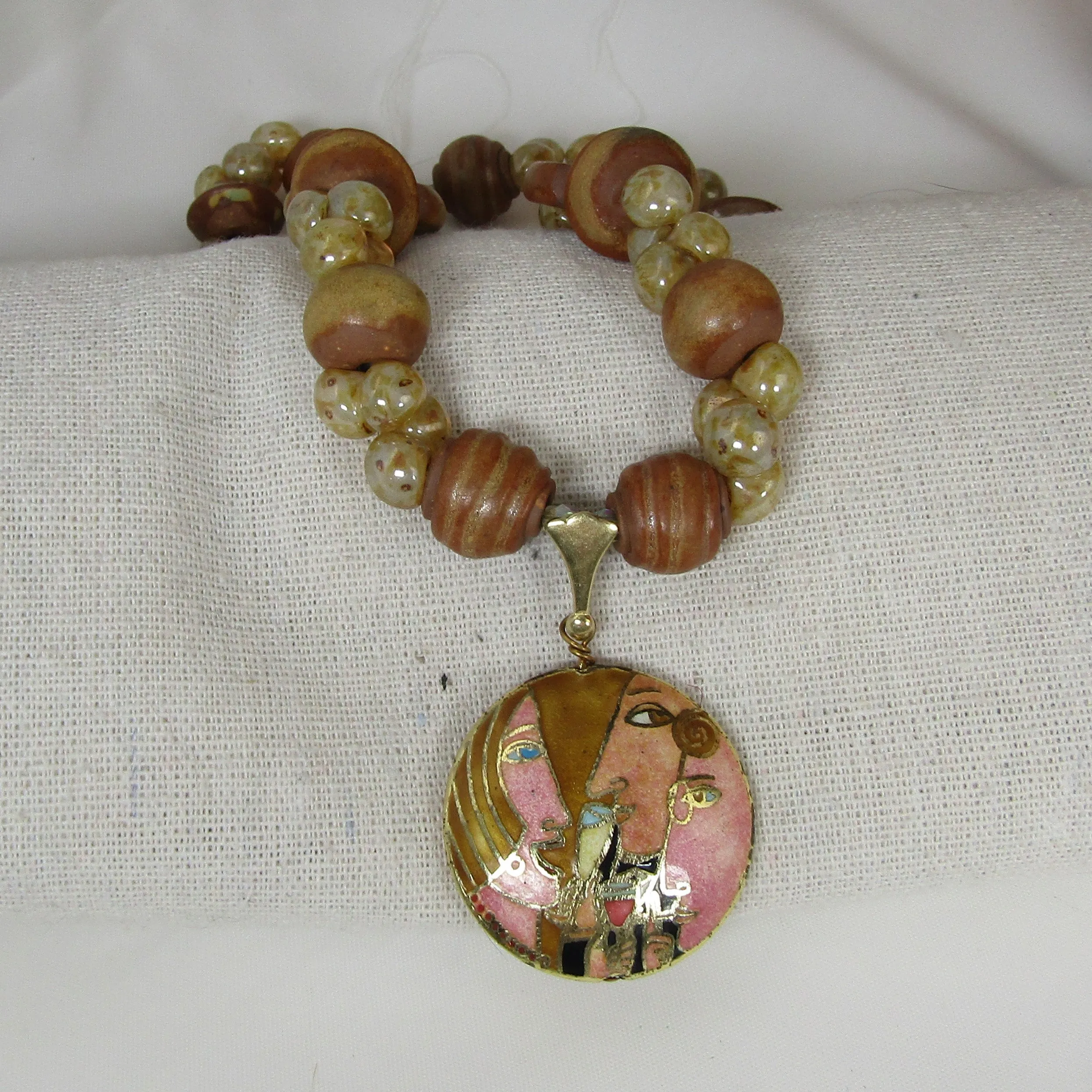 Beige Handmade Artisan Bead Necklace with Wine Motif Pendant