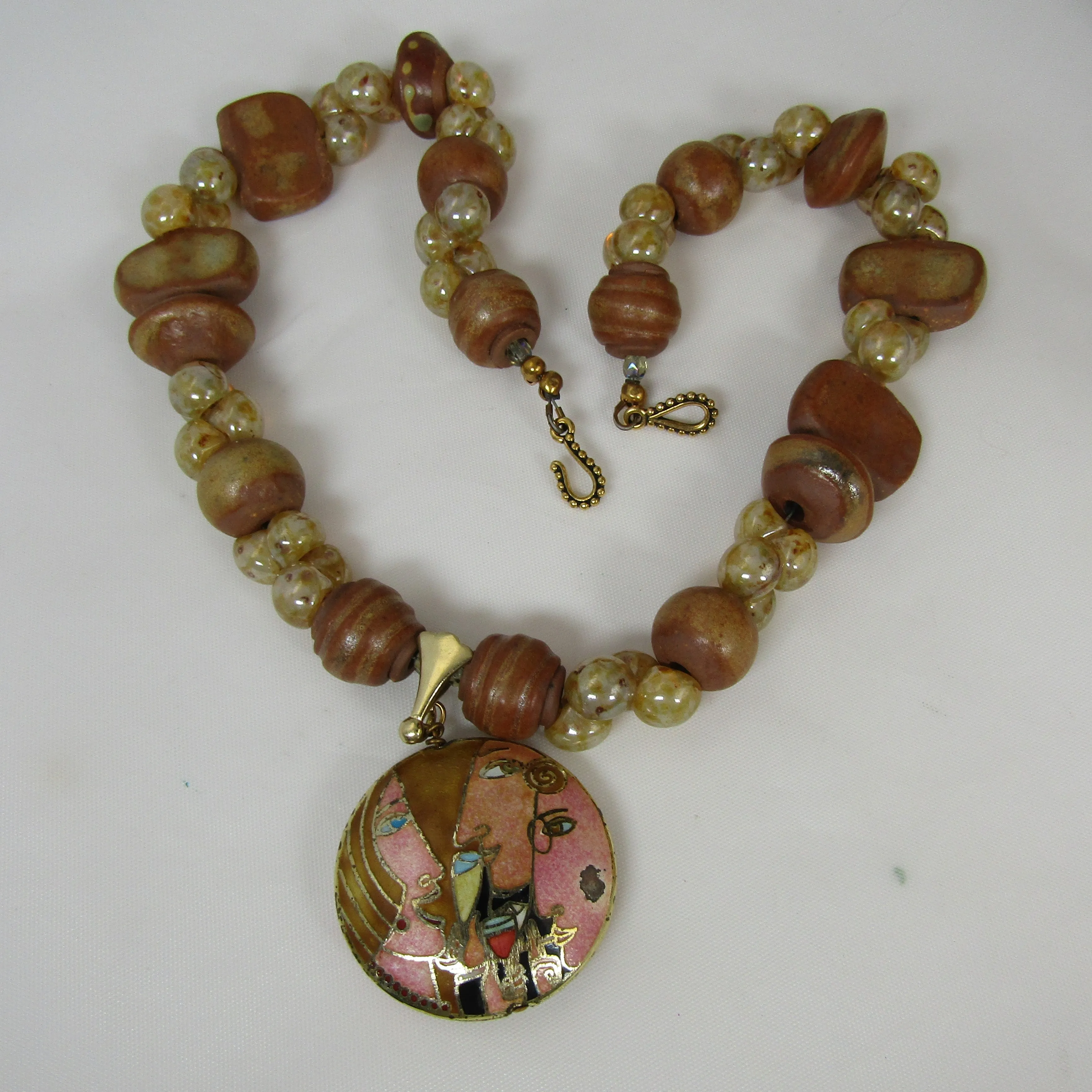 Beige Handmade Artisan Bead Necklace with Wine Motif Pendant