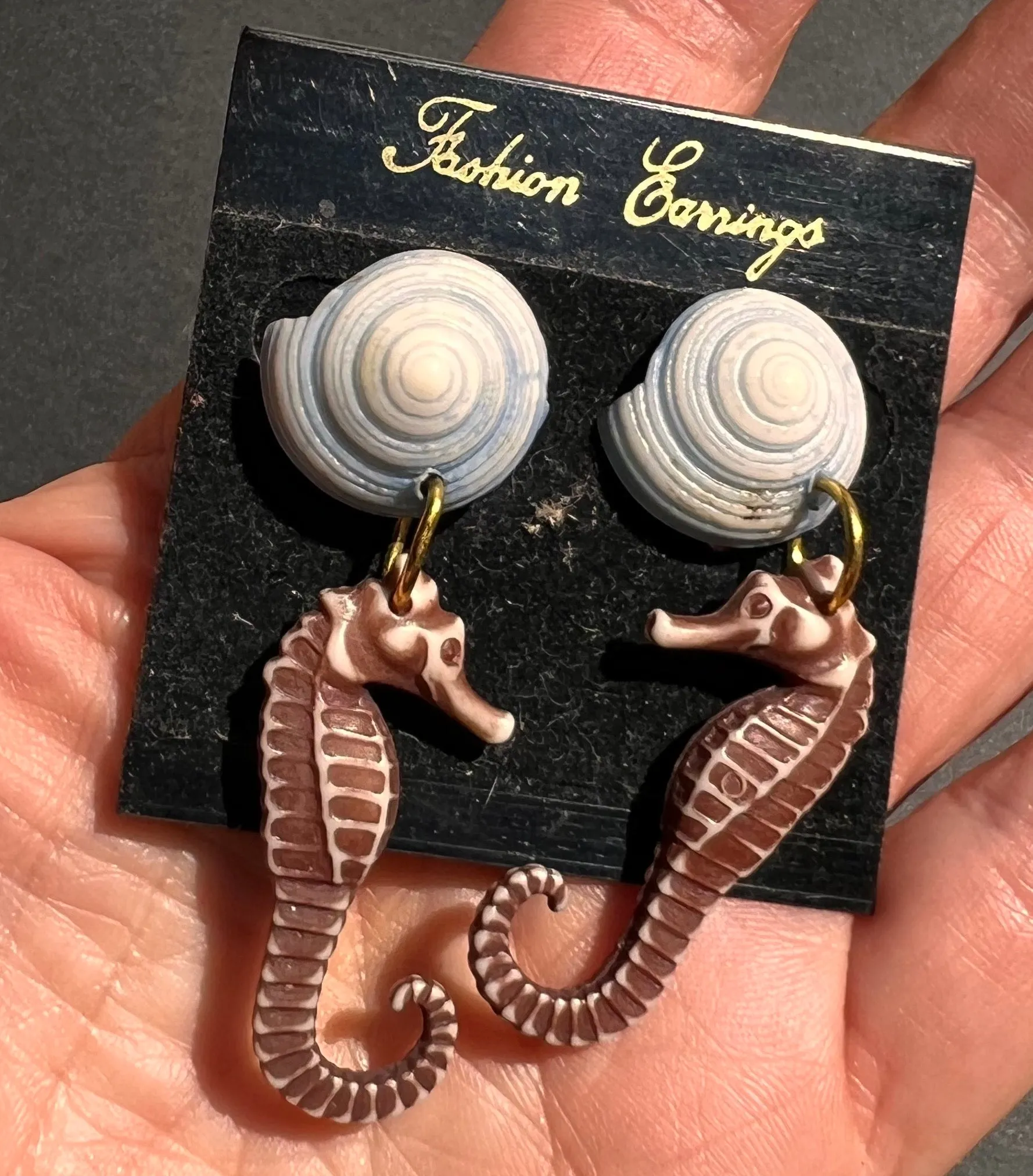 Big 1980s Seahorse and Seashell Earrings