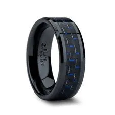 Black Ceramic Ring with Black and Blue Carbon Fiber