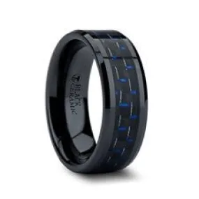 Black Ceramic Ring with Black and Blue Carbon Fiber