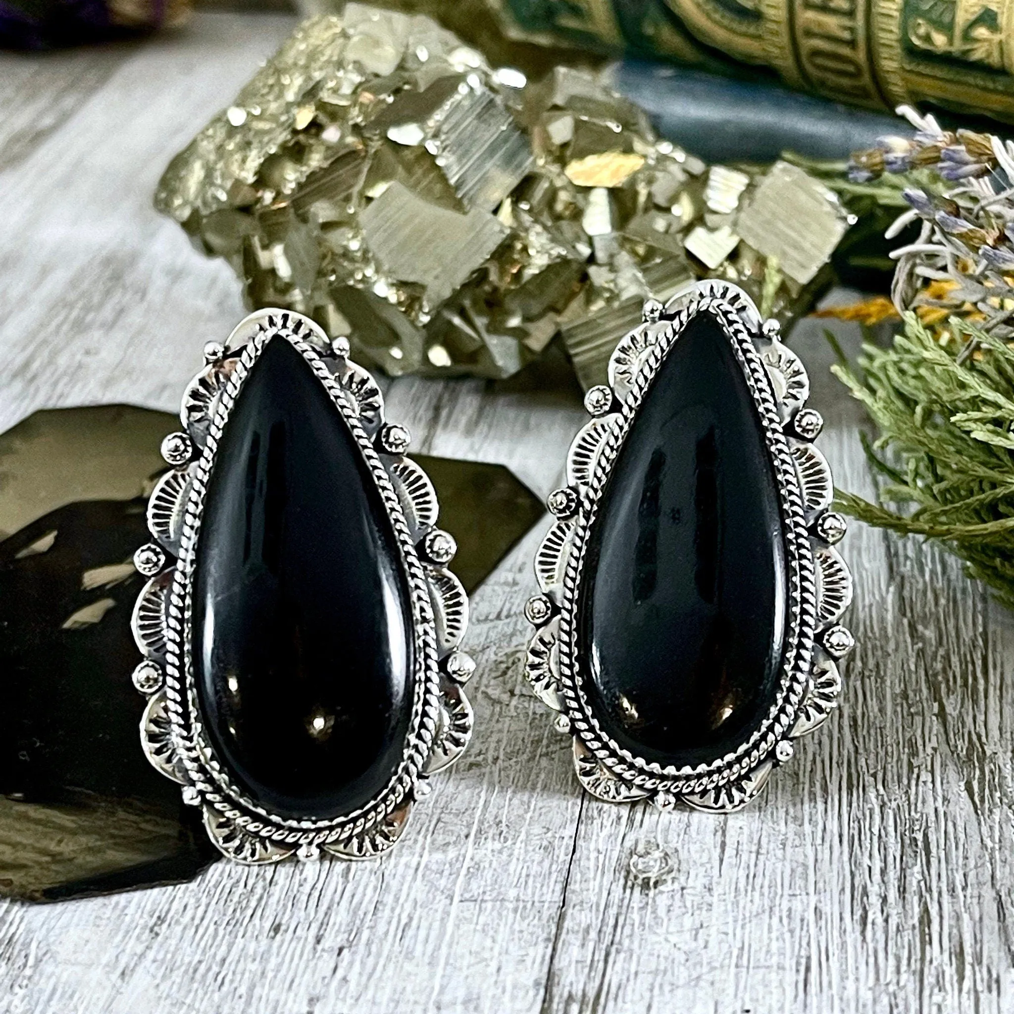 Black Onyx Teardrop Crystal Statement Ring in Sterling Silver- Designed by FOXLARK Collection Adjusts to size 6,7,8,9, or 10