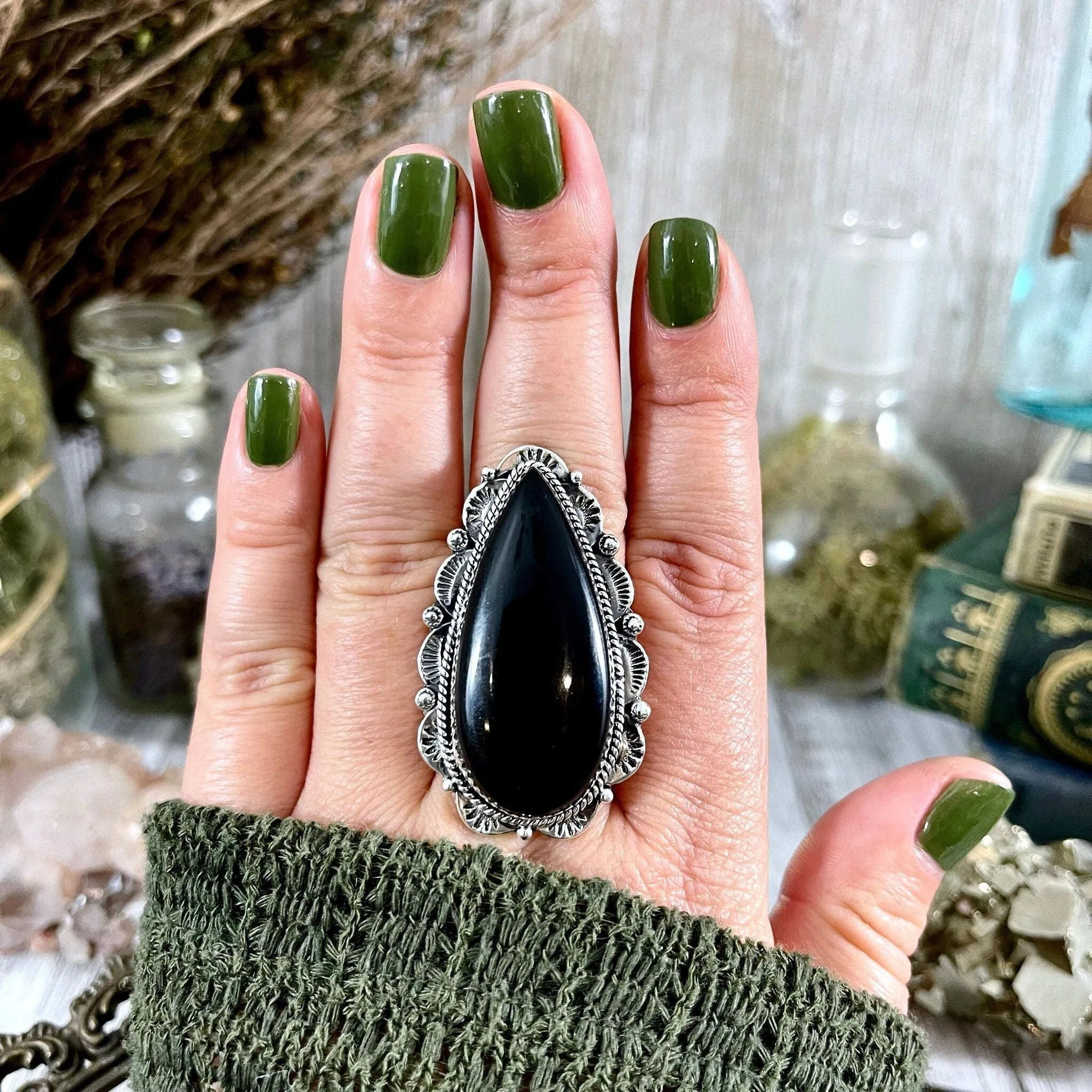 Black Onyx Teardrop Crystal Statement Ring in Sterling Silver- Designed by FOXLARK Collection Adjusts to size 6,7,8,9, or 10