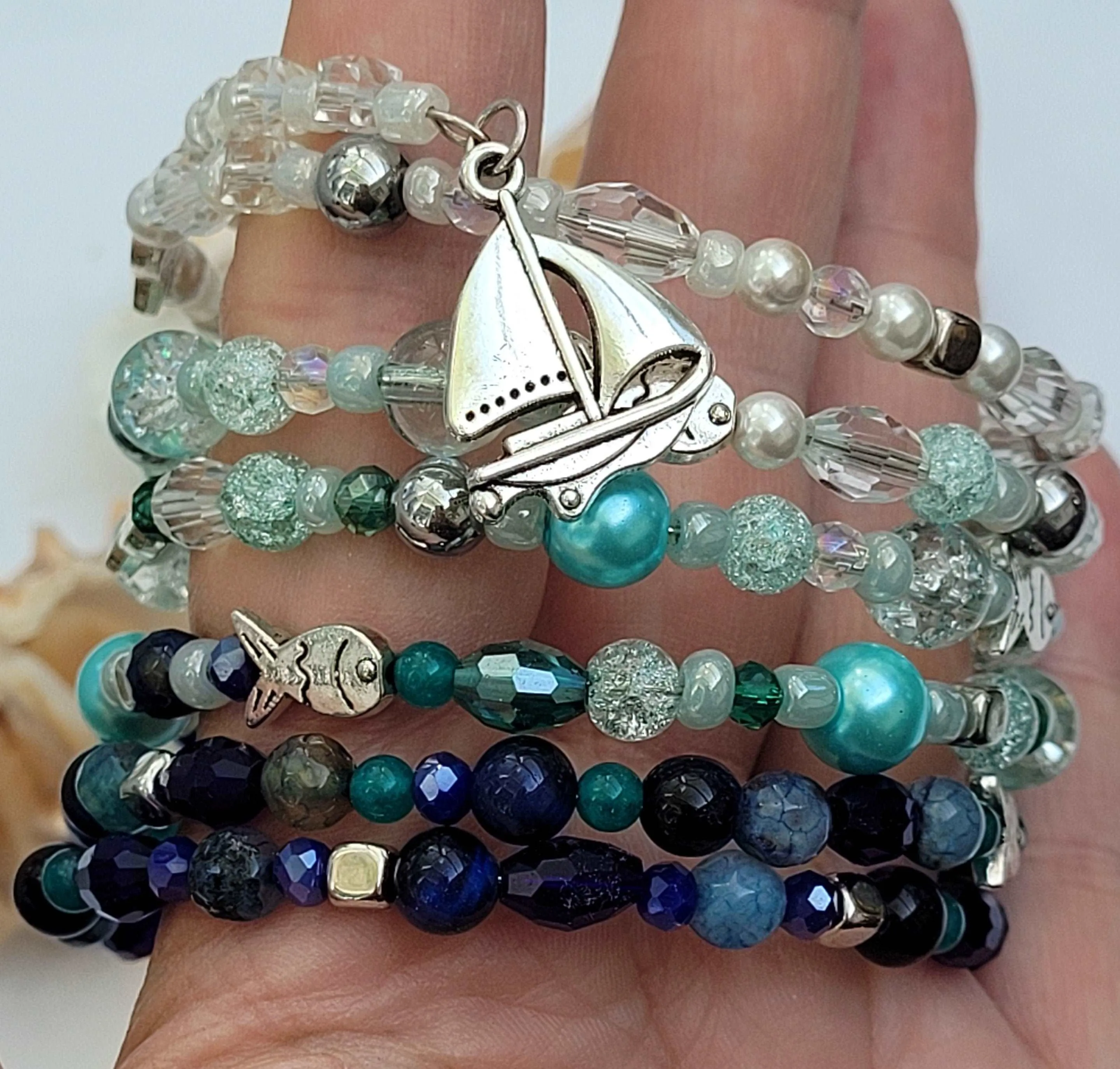 Blue Ocean Memory Wire Large Bracelet, Blue Stone Bracelet, Multi Strand Bracelet, Quartz, Agate, Hematite, Jade, Pearls Gemstone Cuff