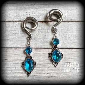 Blue topaz boho gauged earrings-Gemstone ear weights