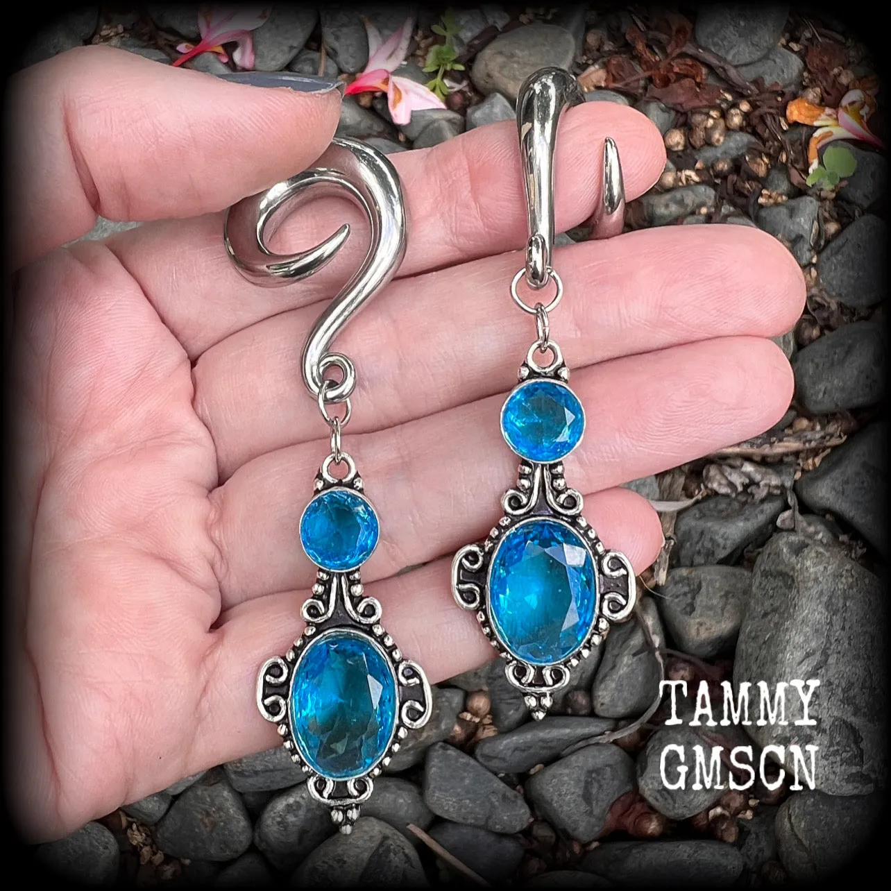 Blue topaz boho gauged earrings-Gemstone ear weights