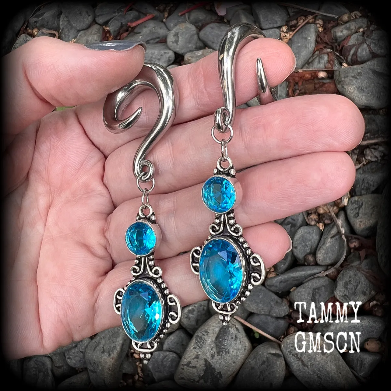 Blue topaz boho gauged earrings-Gemstone ear weights