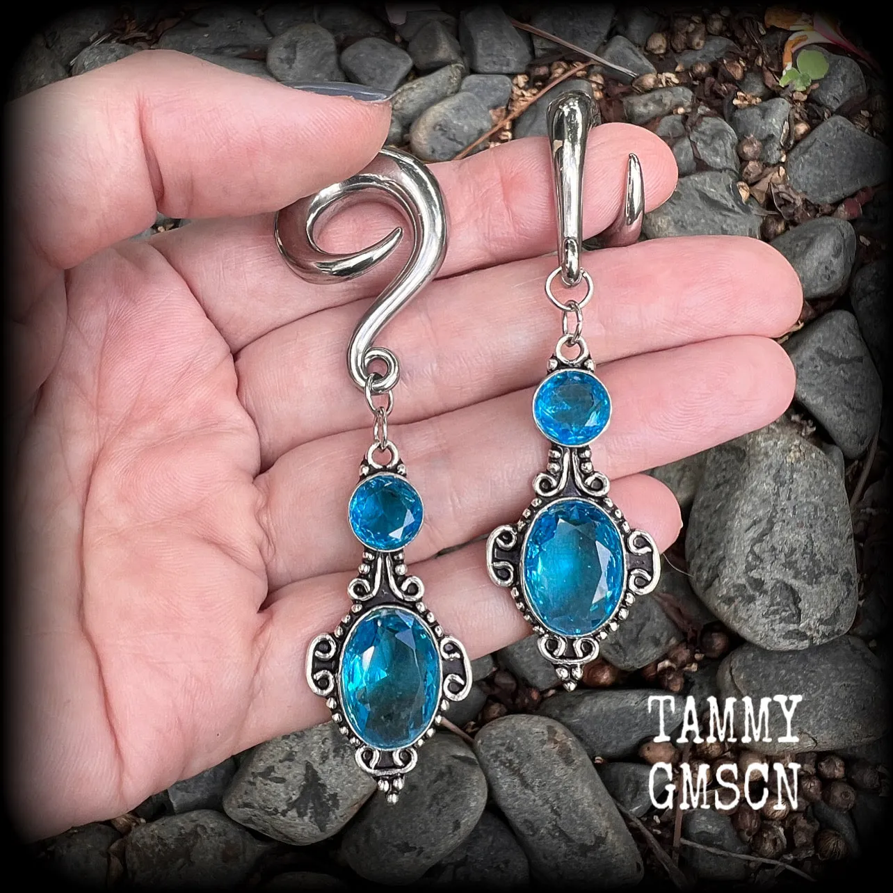 Blue topaz boho gauged earrings-Gemstone ear weights