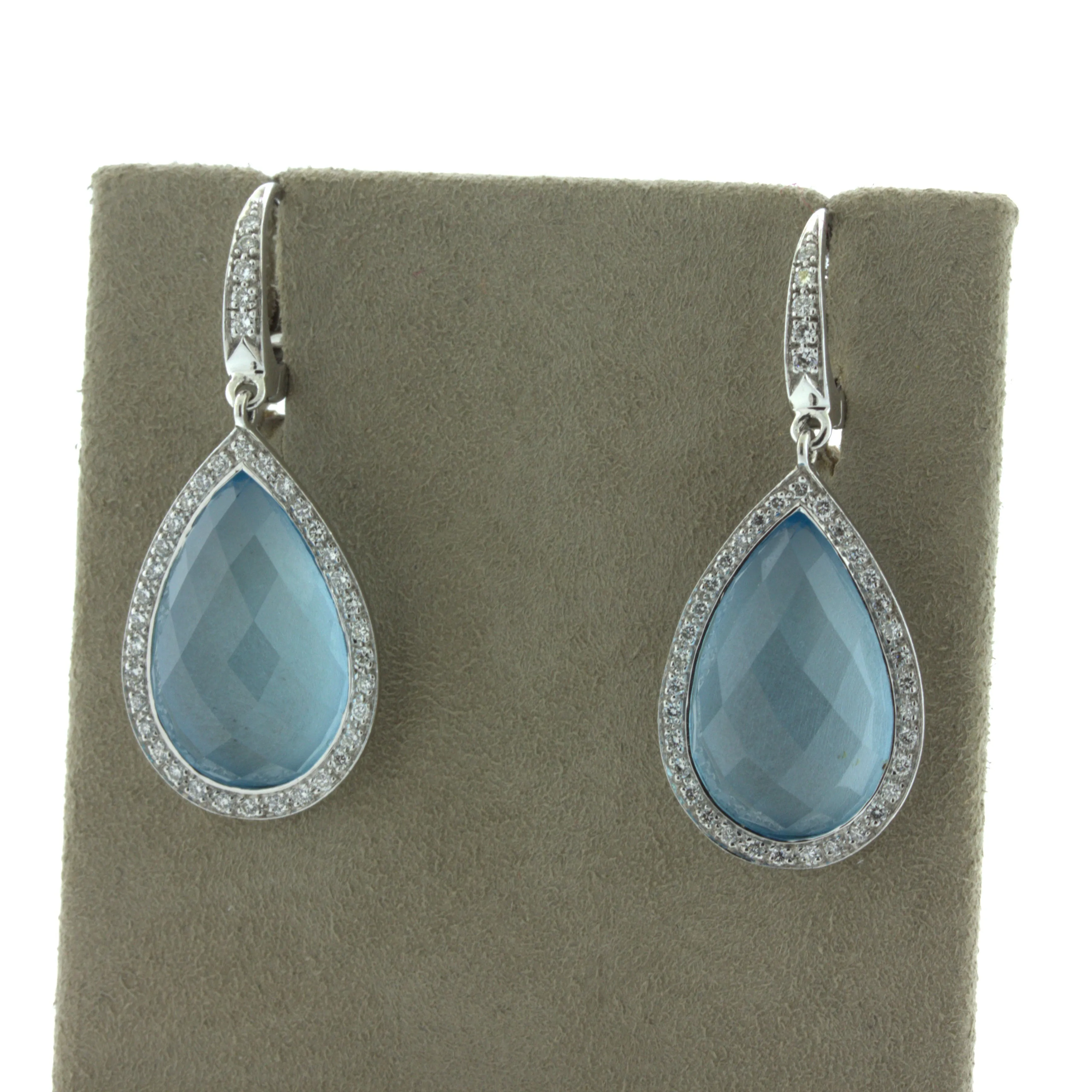 Blue Topaz Diamond Halo 18k White Gold Drop Earrings