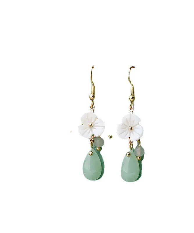 Boutique White Flower Jade 14K Gold Drop Earrings