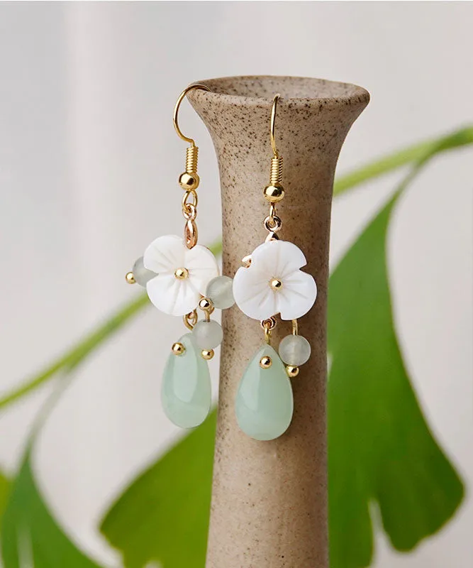 Boutique White Flower Jade 14K Gold Drop Earrings