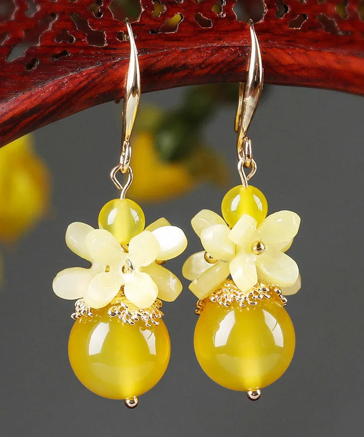 Boutique Yellow Agate Copper Jade Floral Drop Earrings