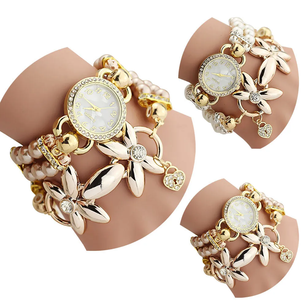 Bracelet Watch Women Ladies Fashion Quartz Clock Flower Imitation Pearl Chain Wrist Watches