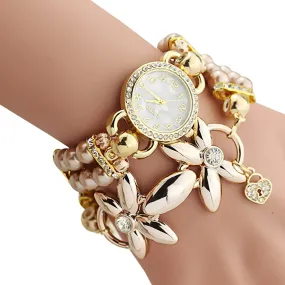 Bracelet Watch Women Ladies Fashion Quartz Clock Flower Imitation Pearl Chain Wrist Watches