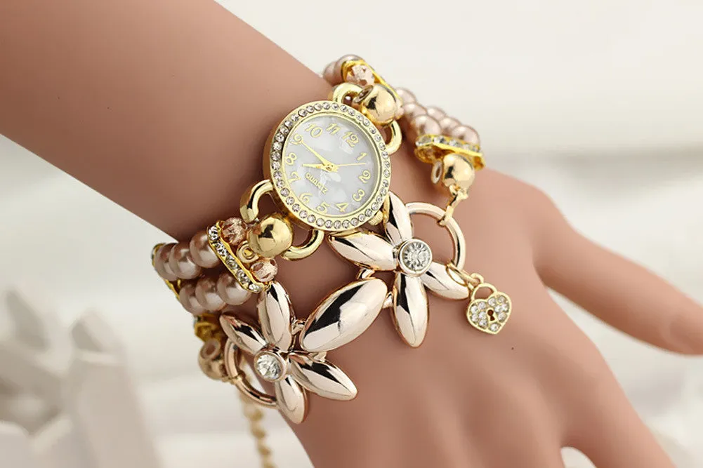 Bracelet Watch Women Ladies Fashion Quartz Clock Flower Imitation Pearl Chain Wrist Watches