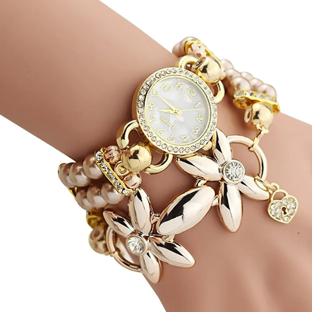 Bracelet Watch Women Ladies Fashion Quartz Clock Flower Imitation Pearl Chain Wrist Watches