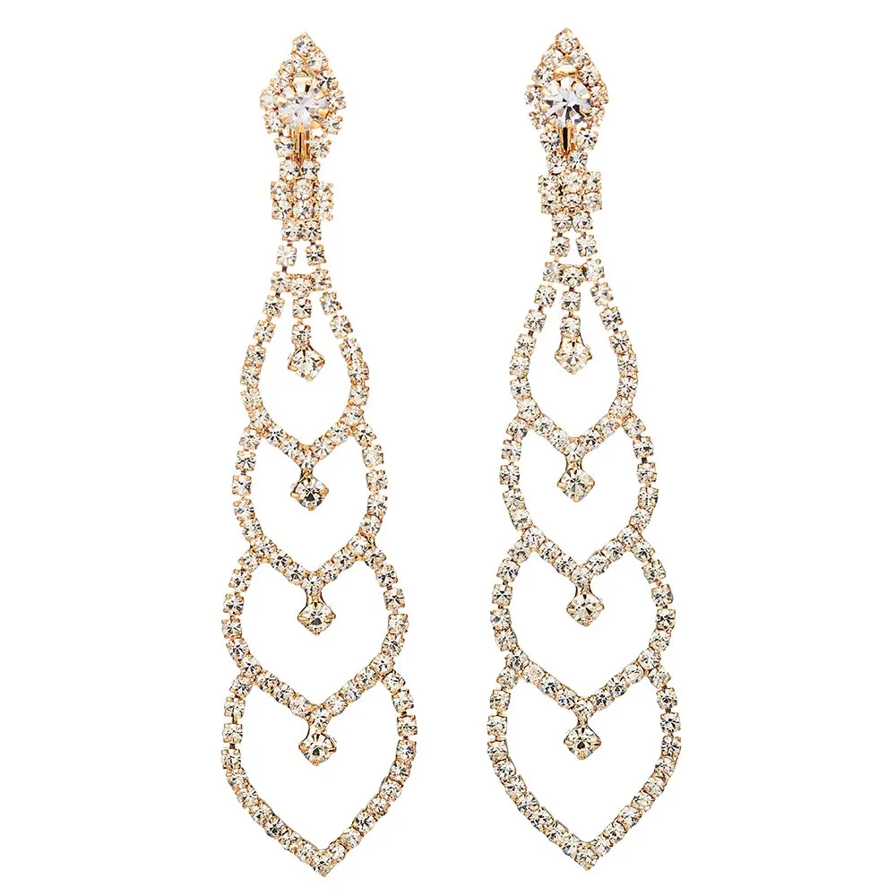 Bridal Wedding Bridesmaids Prom Rhinestone Layer Hearts Chandelier Long Dangle Drop Clip-on Earrings