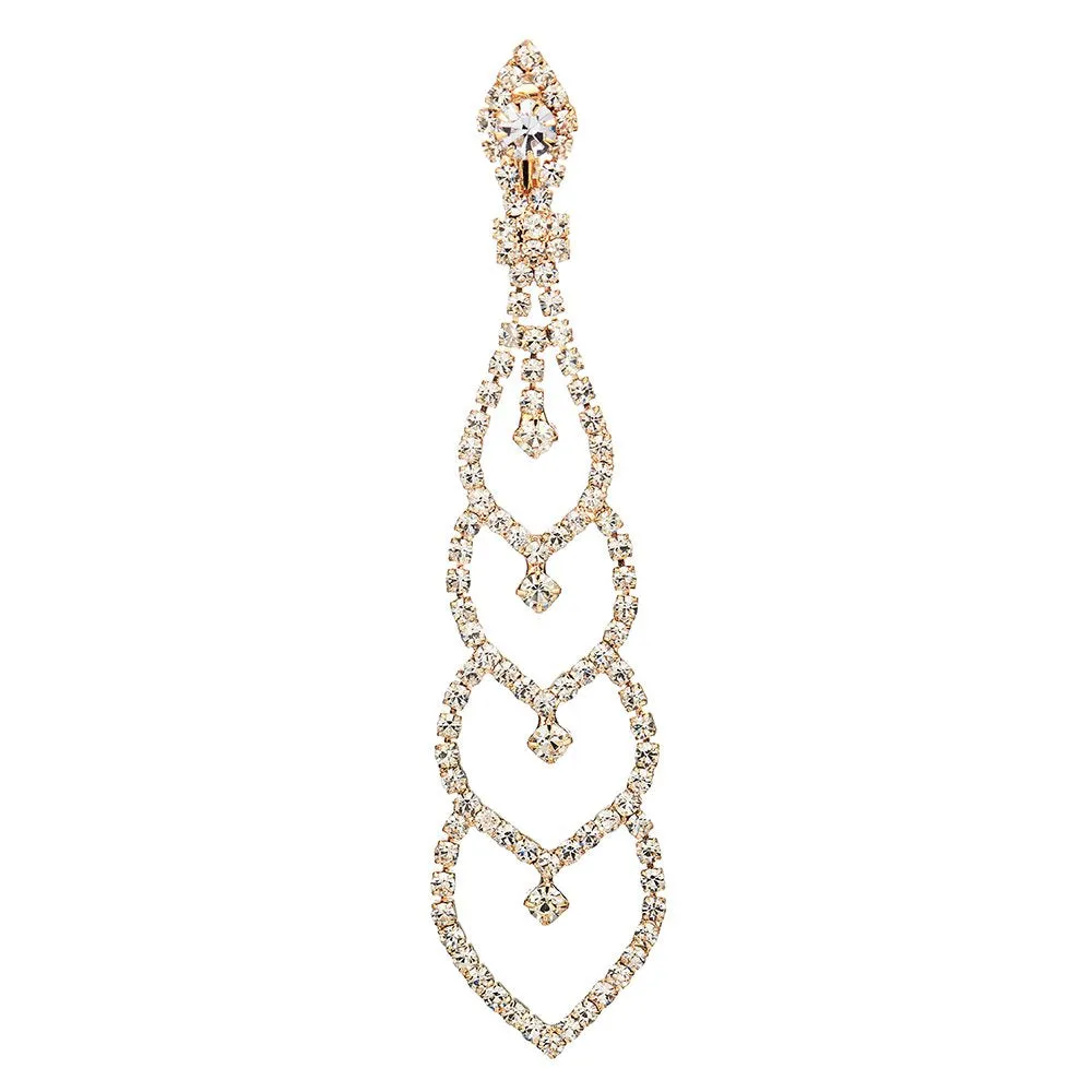 Bridal Wedding Bridesmaids Prom Rhinestone Layer Hearts Chandelier Long Dangle Drop Clip-on Earrings