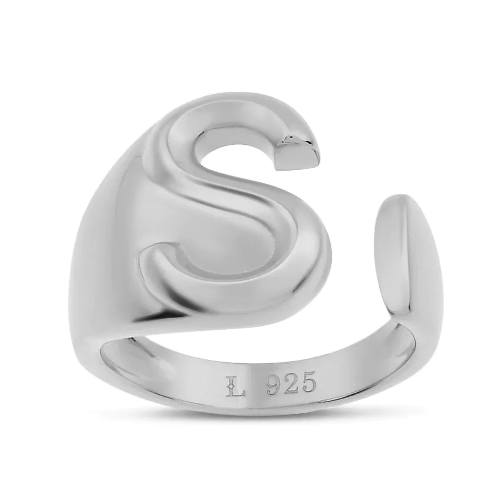 Bubble Letter Initial Adjustable Statement .925 Sterling Silver Ring