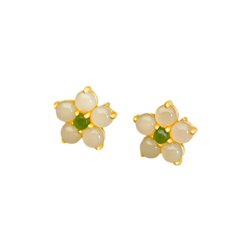 Buddha Stones 925 Sterling Silver Hetian Jade Luck Flower Stud Earrings