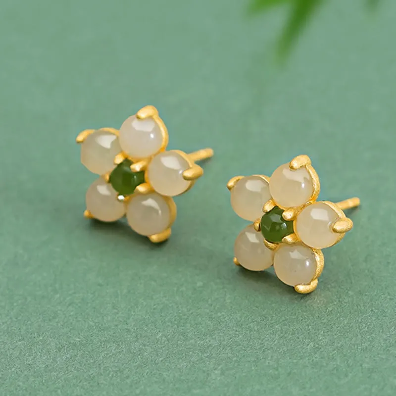 Buddha Stones 925 Sterling Silver Hetian Jade Luck Flower Stud Earrings