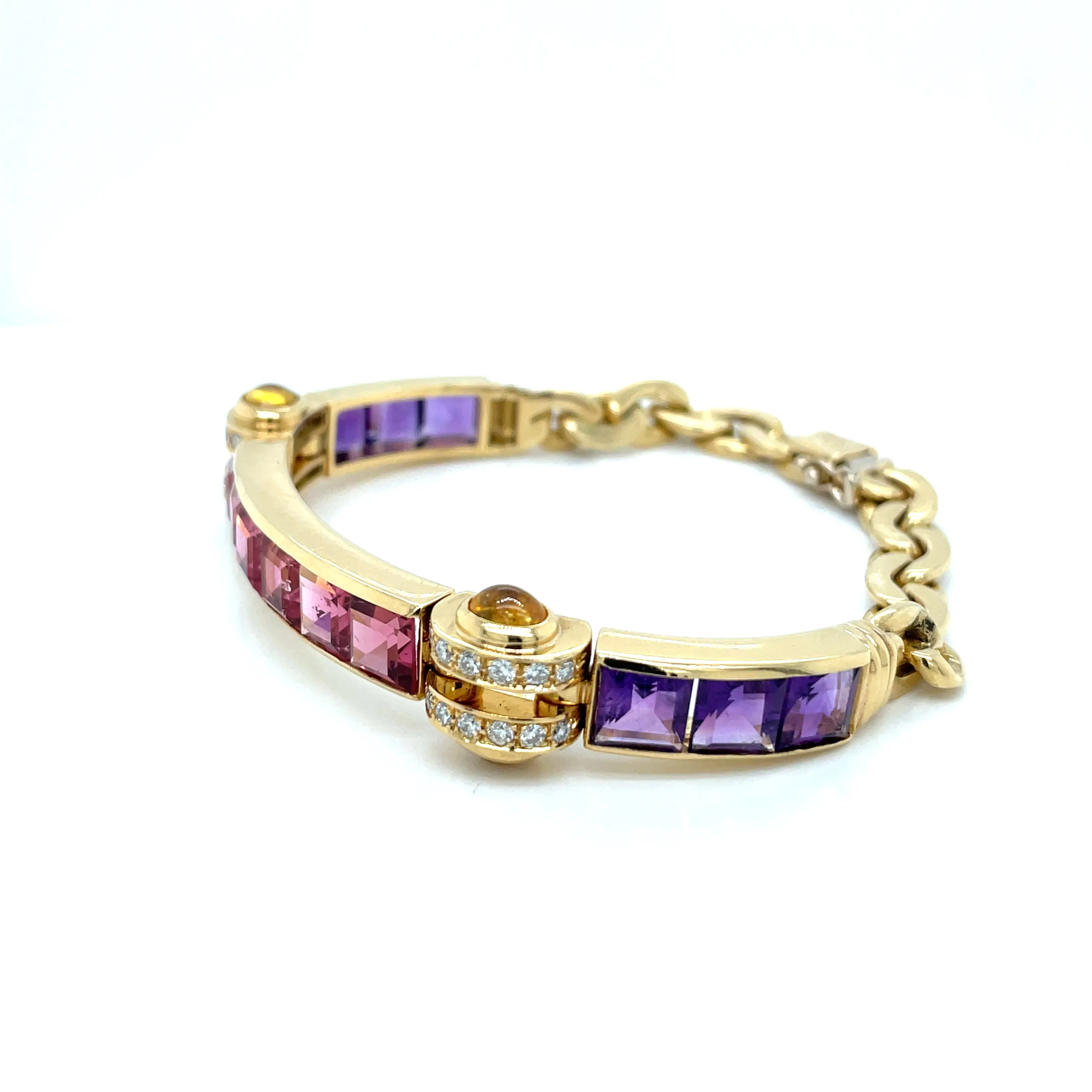 Bulgari Tourmaline Amethyst Diamond Citrine Gold Link Bracelet