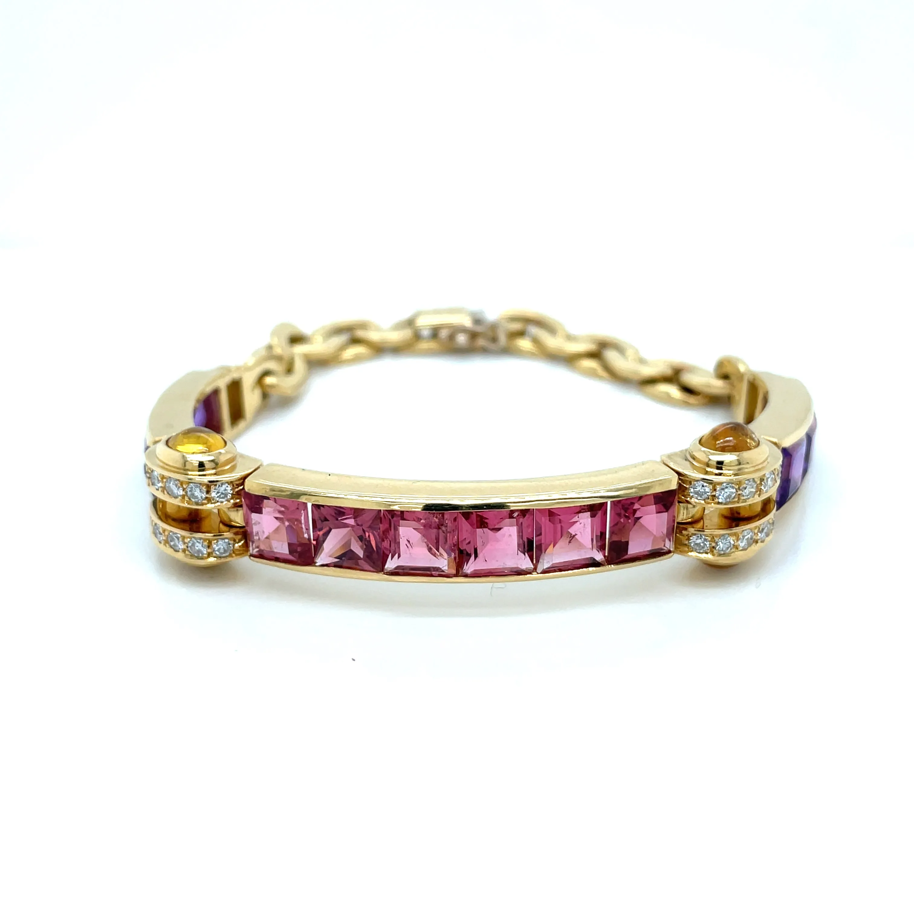 Bulgari Tourmaline Amethyst Diamond Citrine Gold Link Bracelet