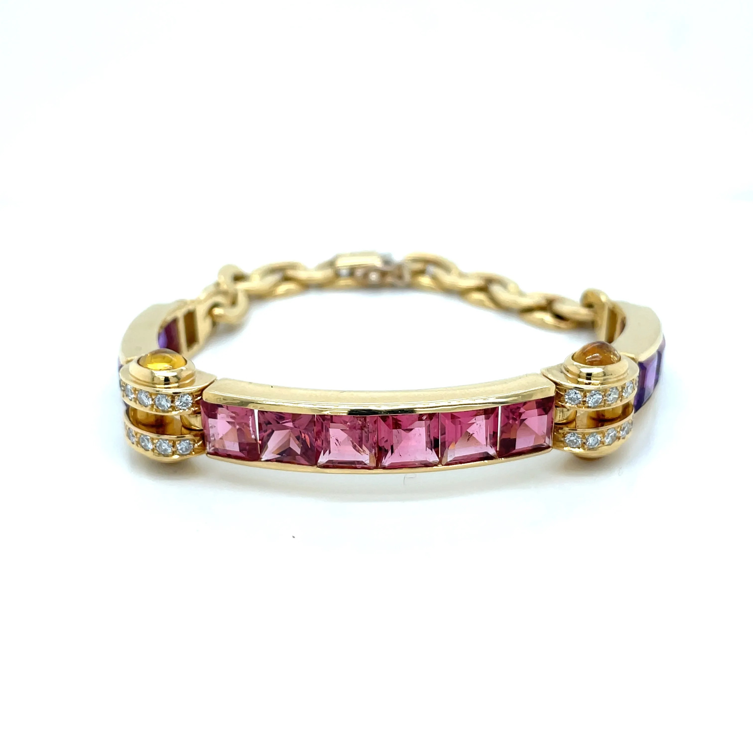 Bulgari Tourmaline Amethyst Diamond Citrine Gold Link Bracelet