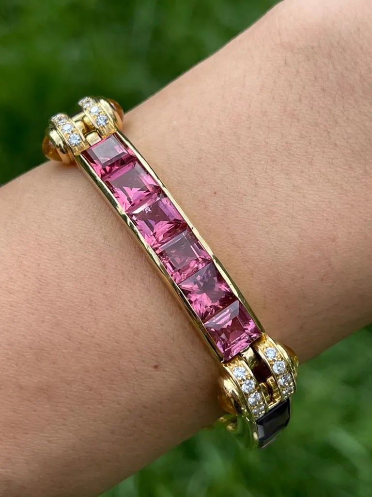 Bulgari Tourmaline Amethyst Diamond Citrine Gold Link Bracelet